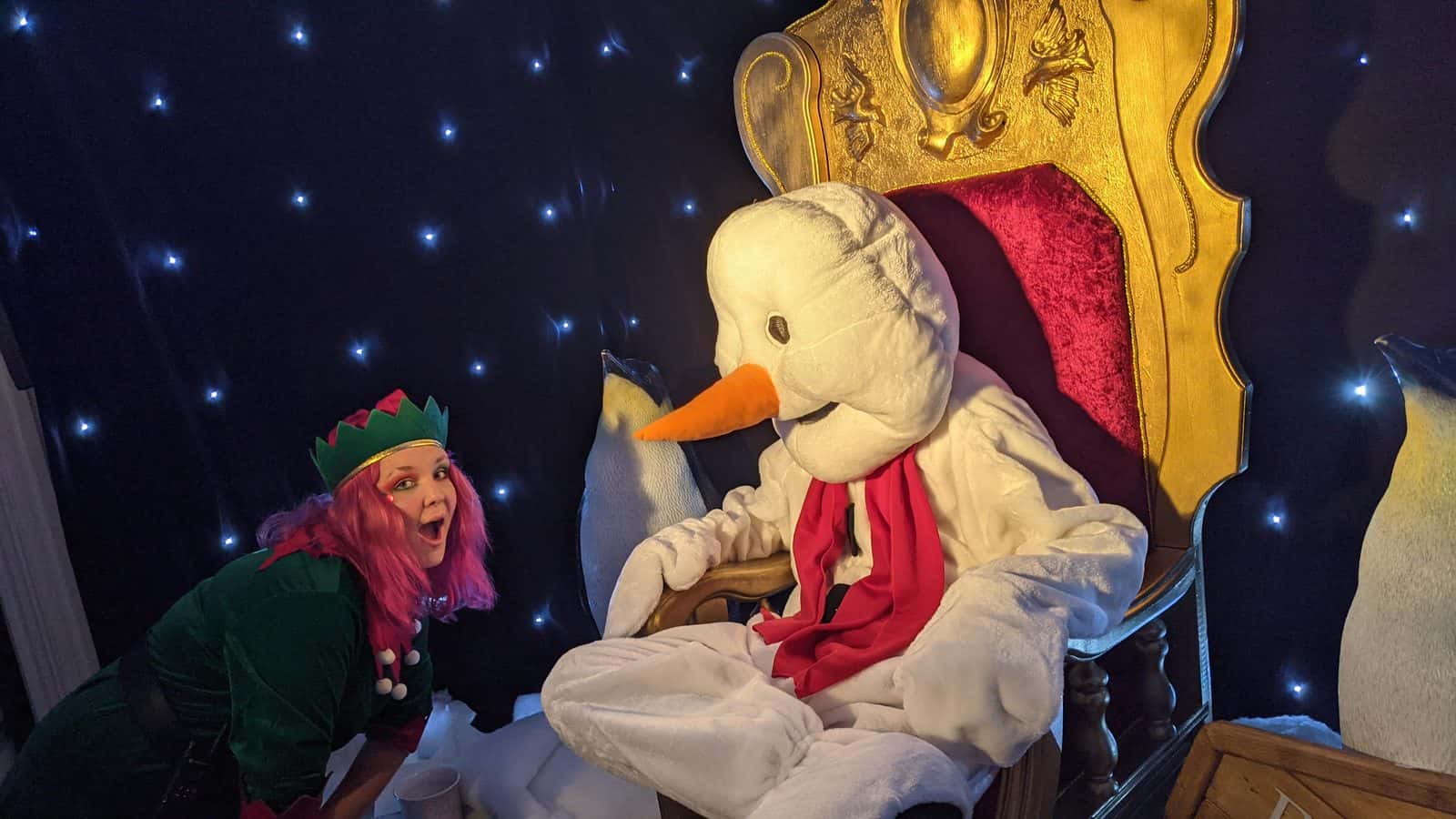An elf, a penguin and a snowman from a BBB Group show